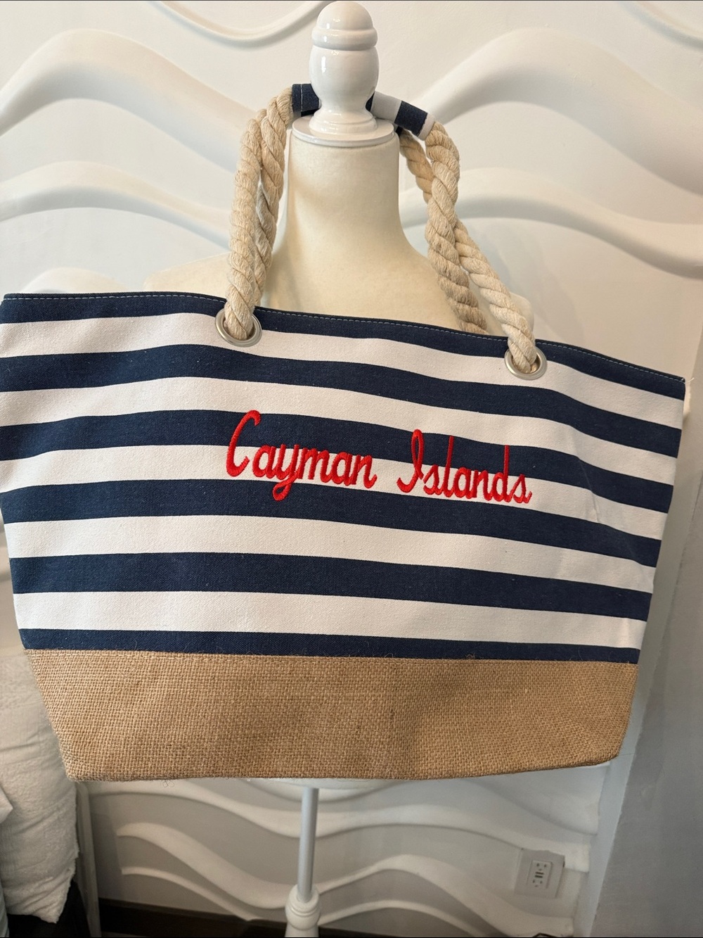 Striped Navy and White Rope-Handle Travel Tote with Red Embroidery